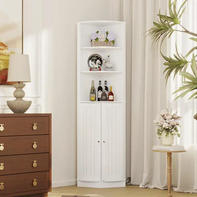 Main image of 67" Tall Corner Cabinet with 2 Doors and Adjustable Shelves, Narrow Freestanding Storage Cabinet Organizer, Corner Storage Cabinets for Bathroom, Kitchen, Living Room, Bedroom, Laundry Room, White