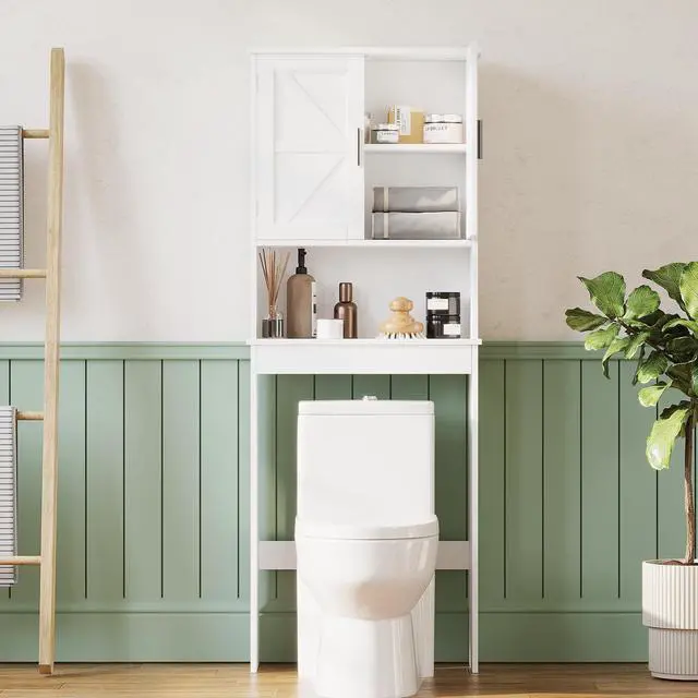 Alt view image 7 of 7 - Over The Toilet Storage Cabinet with Adjustable Shelf, Bathroom Space Saver Organizer with Double Doors and Open Shelf, Freestanding Toilet Rack for Small Bathroom White