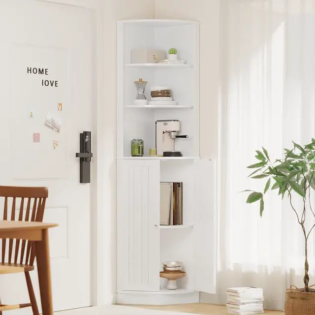 Alt view image 5 of 7 - 67" Tall Corner Cabinet with 2 Doors and Adjustable Shelves, Narrow Freestanding Storage Cabinet Organizer, Corner Storage Cabinets for Bathroom, Kitchen, Living Room, Bedroom, Laundry Room, White