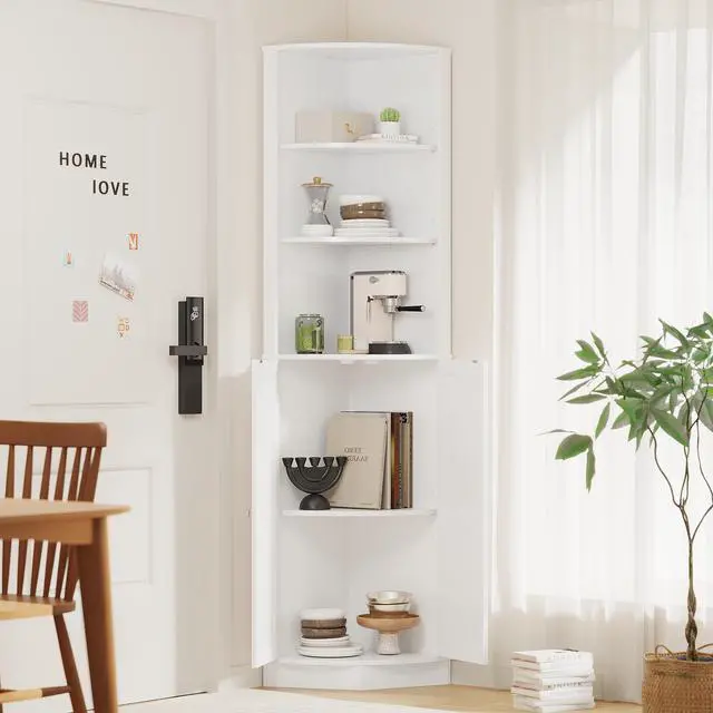 Alt view image 6 of 7 - 67" Tall Corner Cabinet with 2 Doors and Adjustable Shelves, Narrow Freestanding Storage Cabinet Organizer, Corner Storage Cabinets for Bathroom, Kitchen, Living Room, Bedroom, Laundry Room, White
