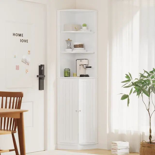 Alt view image 7 of 7 - 67" Tall Corner Cabinet with 2 Doors and Adjustable Shelves, Narrow Freestanding Storage Cabinet Organizer, Corner Storage Cabinets for Bathroom, Kitchen, Living Room, Bedroom, Laundry Room, White