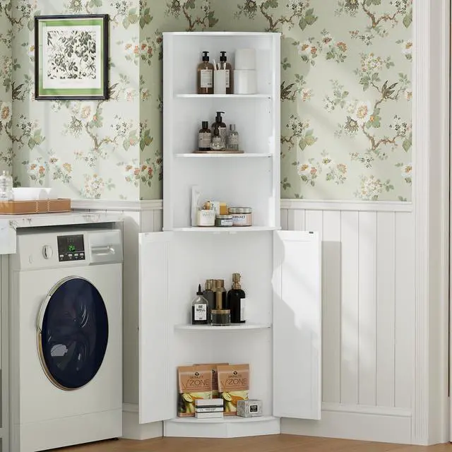 Alt view image 4 of 7 - 67" Tall Corner Cabinet with 2 Doors and Adjustable Shelves, Narrow Freestanding Storage Cabinet Organizer, Corner Storage Cabinets for Bathroom, Kitchen, Living Room, Bedroom, Laundry Room, White