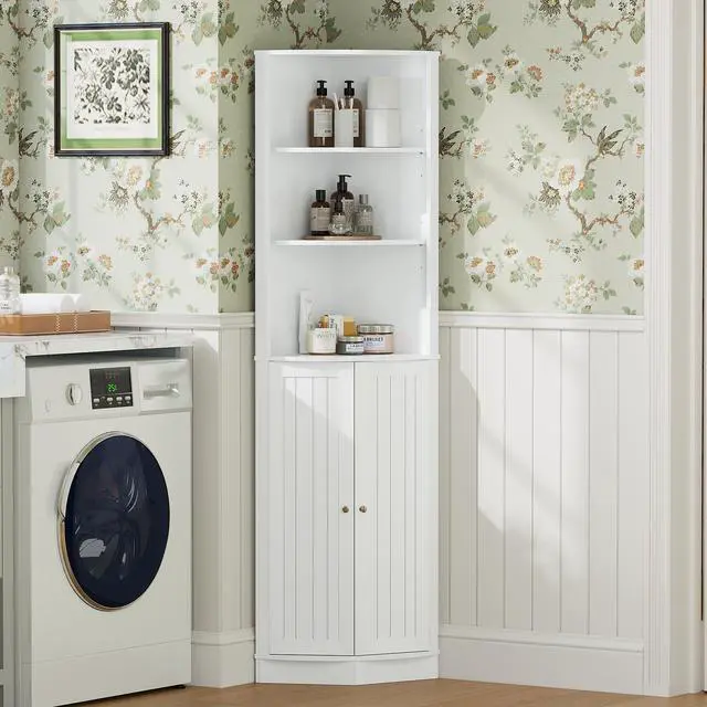 Alt view image 3 of 7 - 67" Tall Corner Cabinet with 2 Doors and Adjustable Shelves, Narrow Freestanding Storage Cabinet Organizer, Corner Storage Cabinets for Bathroom, Kitchen, Living Room, Bedroom, Laundry Room, White