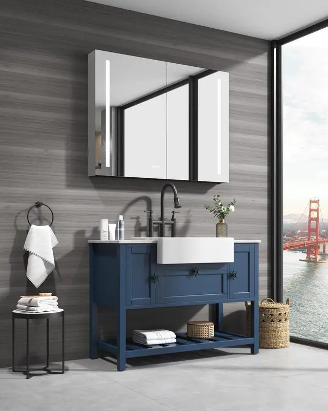 Alt view image 3 of 7 - 40in. W x 30 in. H LED Large Rectangular Aluminum Alloy Surface Mount Medicine Cabinet with Mirror