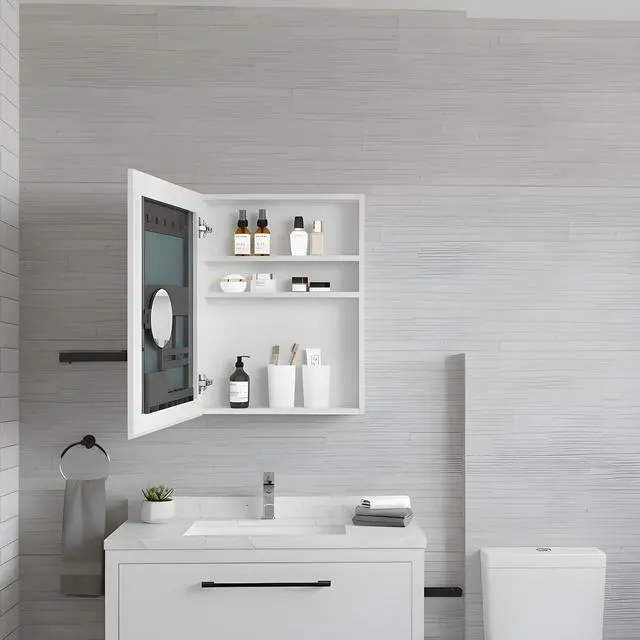 Alt view image 3 of 7 - 20'' W x 26'' H Bathroom Mirror Medicine Cabinet - Wooden Door Medicine Cabinets for Bathroom, Wall Mounted Surface, Bathroom Mirror with Storage, Left opening door