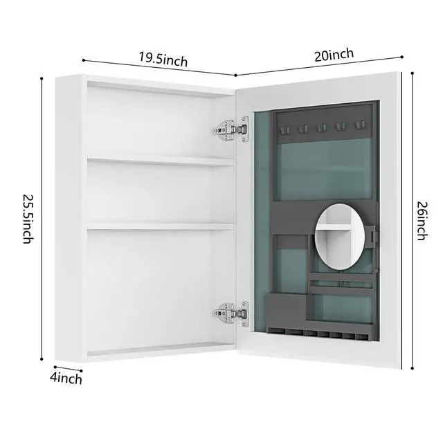 Alt view image 6 of 6 - 20'' W x 26'' H Bathroom Mirror Medicine Cabinet - Wooden Door Medicine Cabinets for Bathroom, Wall Mounted Surface, Bathroom Mirror with Storage, Right opening door