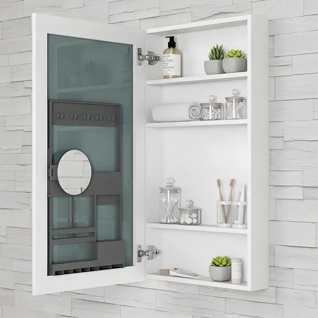 Alt view image 3 of 5 - 20'' W x 36'' H Bathroom Mirror Medicine Cabinet - Wooden Door Medicine Cabinets for Bathroom, Wall Mounted Surface, Bathroom Mirror with Storage, Left opening door