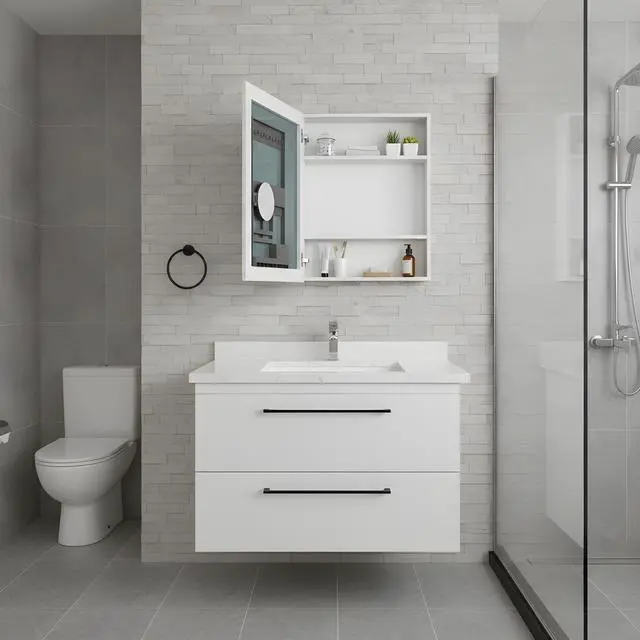Alt view image 2 of 5 - 24'' W x 30'' H Bathroom Mirror Medicine Cabinet - Wooden Door Medicine Cabinets for Bathroom, Wall Mounted Surface, Bathroom Mirror with Storage, Left opening door
