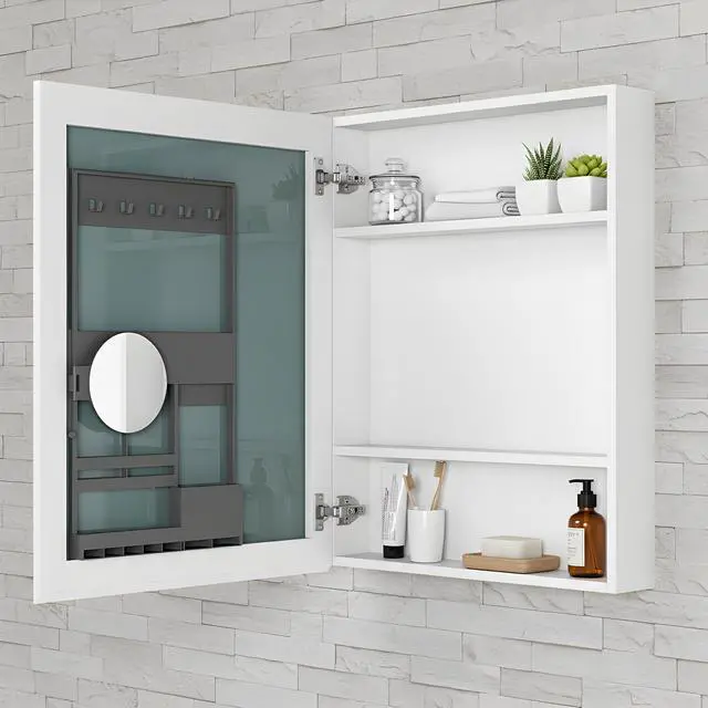 Alt view image 3 of 5 - 24'' W x 30'' H Bathroom Mirror Medicine Cabinet - Wooden Door Medicine Cabinets for Bathroom, Wall Mounted Surface, Bathroom Mirror with Storage, Left opening door