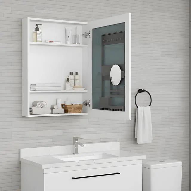 Alt view image 5 of 7 - 24'' W x 30'' H Bathroom Mirror Medicine Cabinet - Wooden Door Medicine Cabinets for Bathroom, Wall Mounted Surface, Bathroom Mirror with Storage, Right opening door
