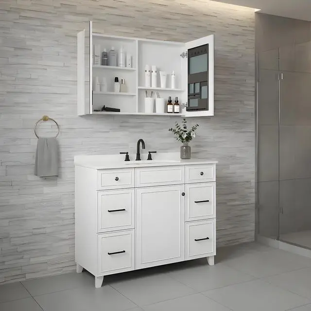 Alt view image 2 of 6 - 36'' W x 26'' H Bathroom Mirror Medicine Cabinet - Wooden Door Medicine Cabinets for Bathroom, Wall Mounted Surface, Bathroom Mirror with Storage