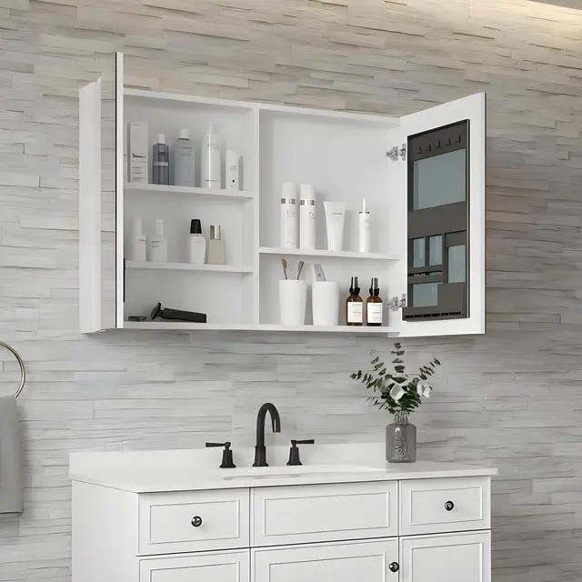 Alt view image 3 of 6 - 36'' W x 26'' H Bathroom Mirror Medicine Cabinet - Wooden Door Medicine Cabinets for Bathroom, Wall Mounted Surface, Bathroom Mirror with Storage