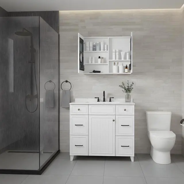 Alt view image 4 of 6 - 36'' W x 26'' H Bathroom Mirror Medicine Cabinet - Wooden Door Medicine Cabinets for Bathroom, Wall Mounted Surface, Bathroom Mirror with Storage