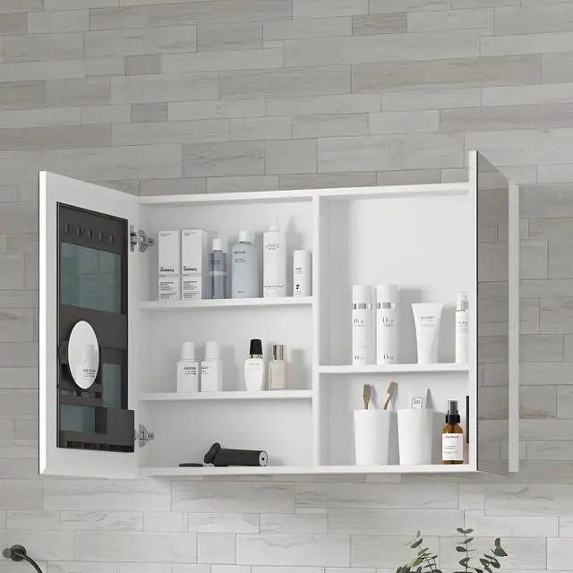 Alt view image 5 of 6 - 36'' W x 26'' H Bathroom Mirror Medicine Cabinet - Wooden Door Medicine Cabinets for Bathroom, Wall Mounted Surface, Bathroom Mirror with Storage