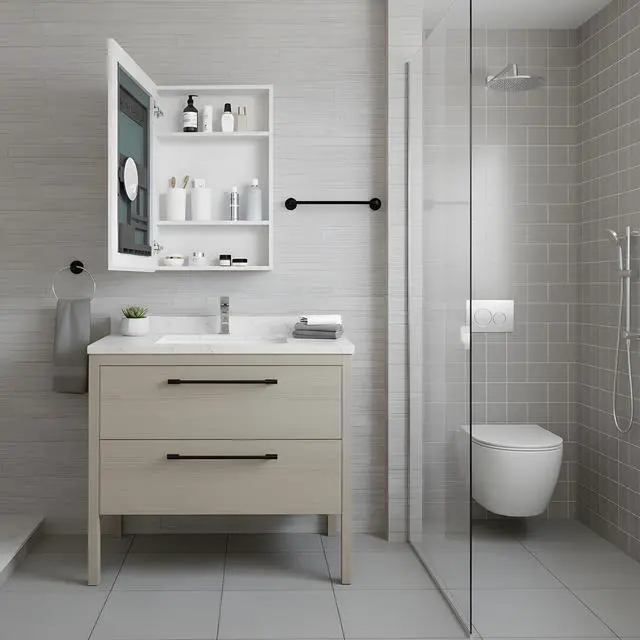 Alt view image 2 of 7 - 20'' W x 30'' H Bathroom Mirror Medicine Cabinet - Wooden Door Medicine Cabinets for Bathroom, Wall Mounted Surface, Bathroom Mirror with Storage, Left opening door