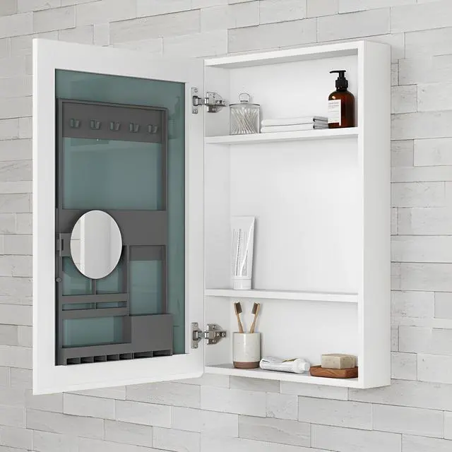 Alt view image 3 of 7 - 20'' W x 30'' H Bathroom Mirror Medicine Cabinet - Wooden Door Medicine Cabinets for Bathroom, Wall Mounted Surface, Bathroom Mirror with Storage, Left opening door