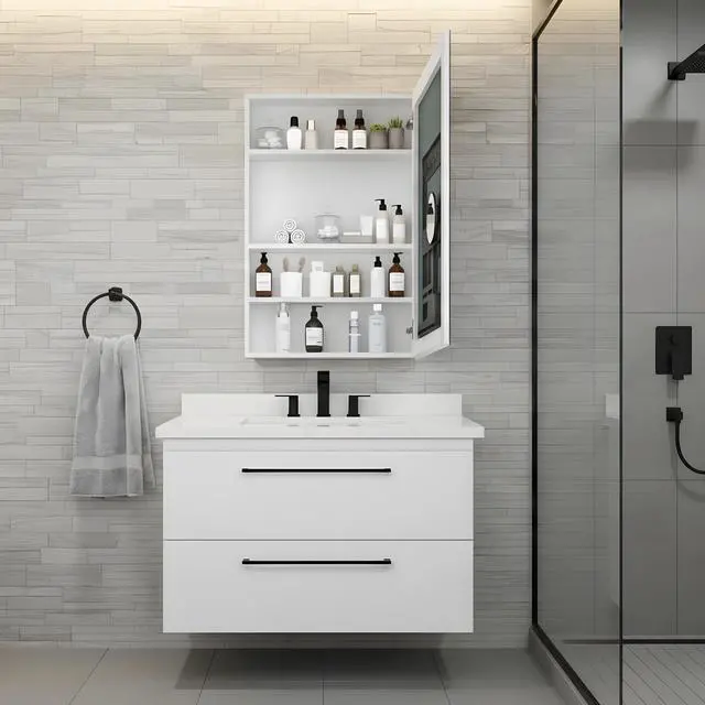 Alt view image 2 of 7 - 24'' W x 36'' H Surface Frameless Mirror Medicine Cabinet, Beveled Mirror Edges Bathroom Medicine Cabinet, Right opening door