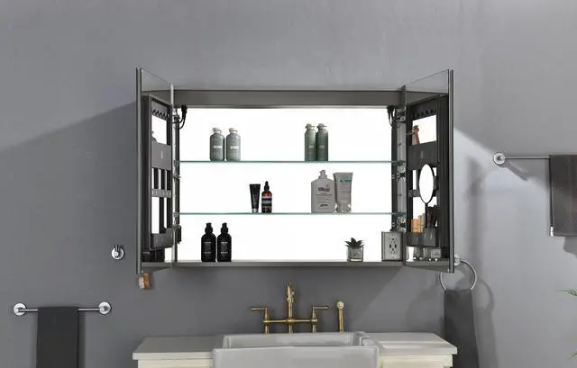 Alt view image 3 of 7 - 40in. W x 30 in. H LED Large Rectangular Aluminum Alloy Surface Mount Medicine Cabinet with Mirror