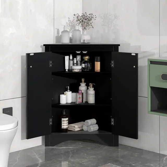 Alt view image 2 of 7 - Black Triangle Bathroom Storage Cabinet with Adjustable Shelves, Freestanding Floor Cabinet for Home Kitchen