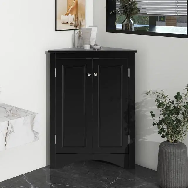 Alt view image 4 of 7 - Black Triangle Bathroom Storage Cabinet with Adjustable Shelves, Freestanding Floor Cabinet for Home Kitchen