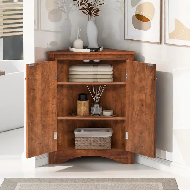 Main image of Brown Triangle Bathroom Storage Cabinet with Adjustable Shelves, Freestanding Floor Cabinet for Home Kitchen