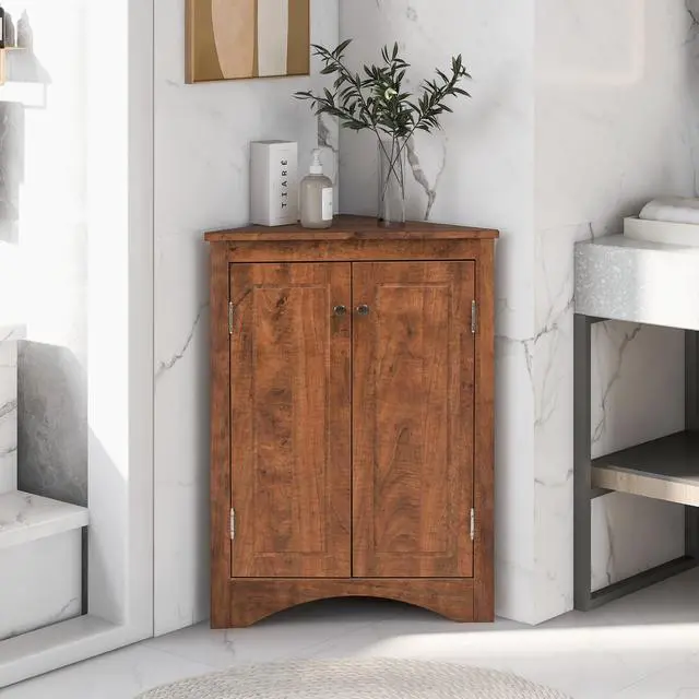 Alt view image 3 of 6 - Brown Triangle Bathroom Storage Cabinet with Adjustable Shelves, Freestanding Floor Cabinet for Home Kitchen