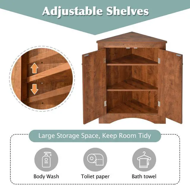 Alt view image 6 of 6 - Brown Triangle Bathroom Storage Cabinet with Adjustable Shelves, Freestanding Floor Cabinet for Home Kitchen