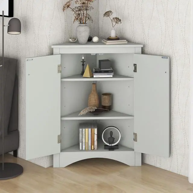 Alt view image 2 of 7 - Grey Triangle Bathroom Storage Cabinet with Adjustable Shelves, Freestanding Floor Cabinet for Home Kitchen