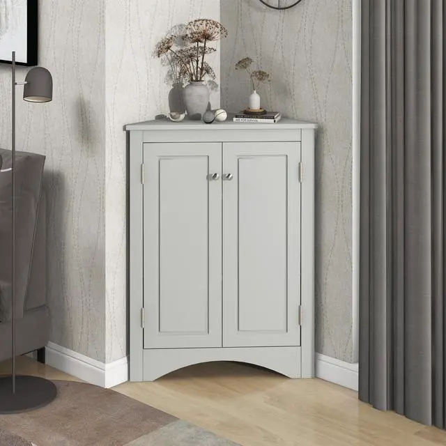 Alt view image 4 of 7 - Grey Triangle Bathroom Storage Cabinet with Adjustable Shelves, Freestanding Floor Cabinet for Home Kitchen