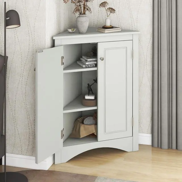 Alt view image 5 of 7 - Grey Triangle Bathroom Storage Cabinet with Adjustable Shelves, Freestanding Floor Cabinet for Home Kitchen