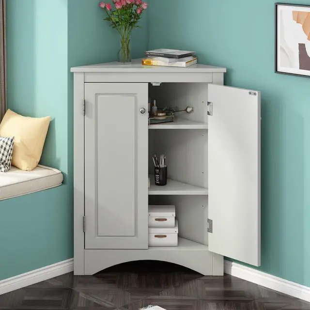 Alt view image 6 of 7 - Grey Triangle Bathroom Storage Cabinet with Adjustable Shelves, Freestanding Floor Cabinet for Home Kitchen