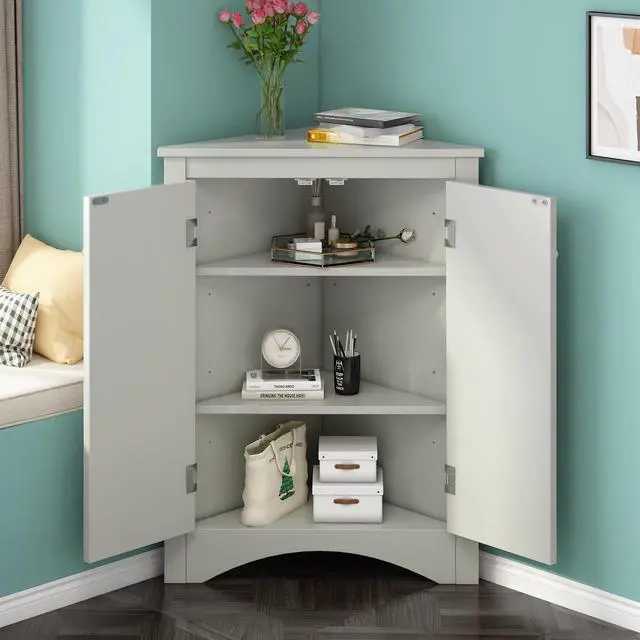 Alt view image 7 of 7 - Grey Triangle Bathroom Storage Cabinet with Adjustable Shelves, Freestanding Floor Cabinet for Home Kitchen