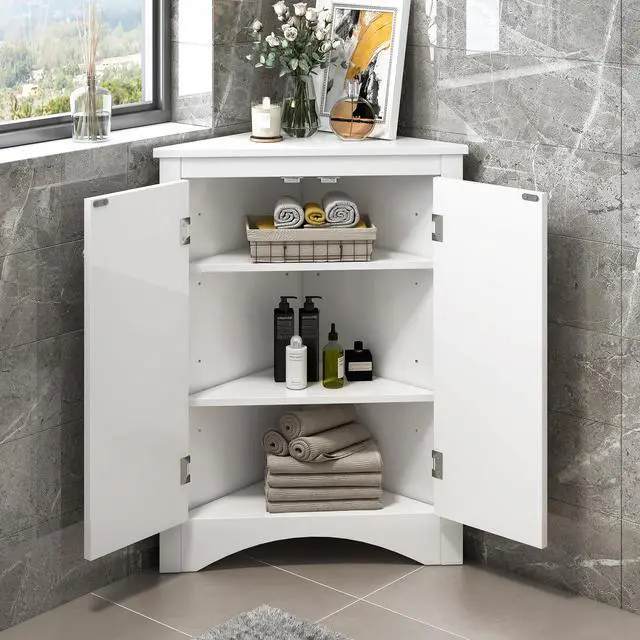 Alt view image 2 of 7 - White Triangle Bathroom Storage Cabinet with Adjustable Shelves, Freestanding Floor Cabinet for Home Kitchen