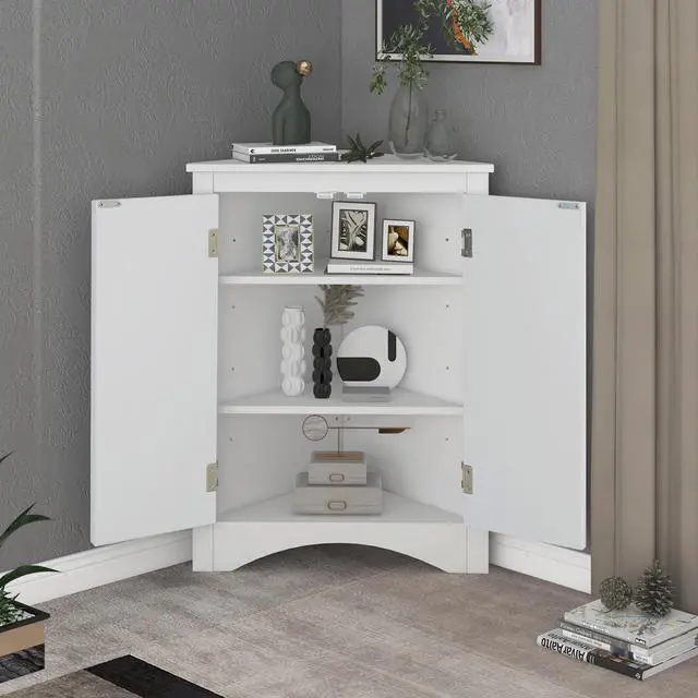 Alt view image 4 of 7 - White Triangle Bathroom Storage Cabinet with Adjustable Shelves, Freestanding Floor Cabinet for Home Kitchen