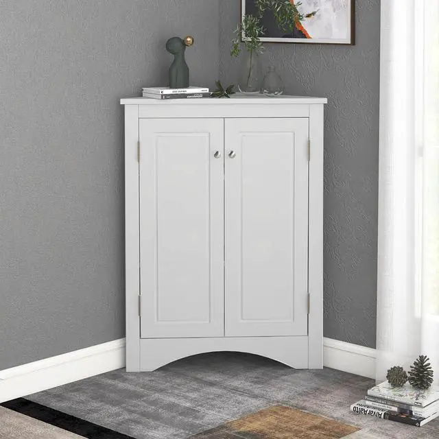Alt view image 5 of 7 - White Triangle Bathroom Storage Cabinet with Adjustable Shelves, Freestanding Floor Cabinet for Home Kitchen