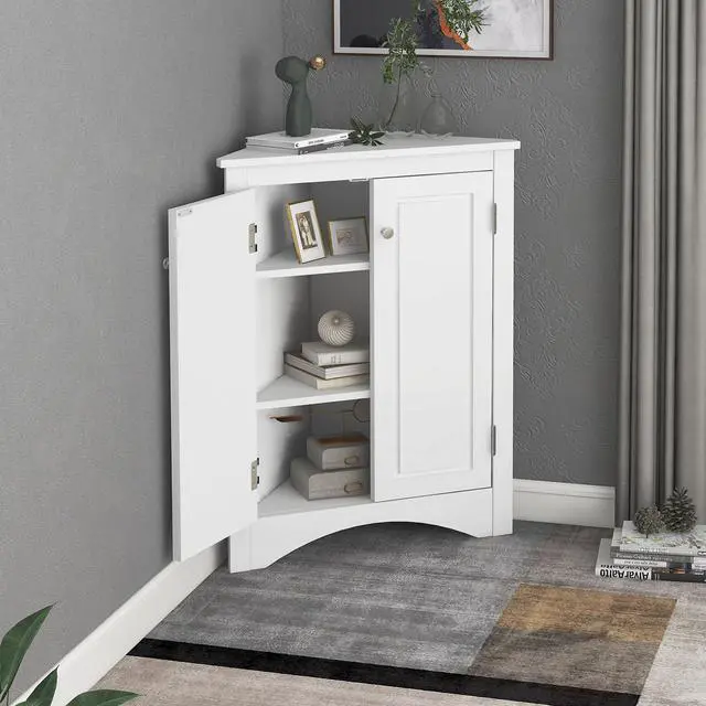 Alt view image 6 of 7 - White Triangle Bathroom Storage Cabinet with Adjustable Shelves, Freestanding Floor Cabinet for Home Kitchen