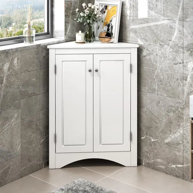 Alt view image 7 of 7 - White Triangle Bathroom Storage Cabinet with Adjustable Shelves, Freestanding Floor Cabinet for Home Kitchen