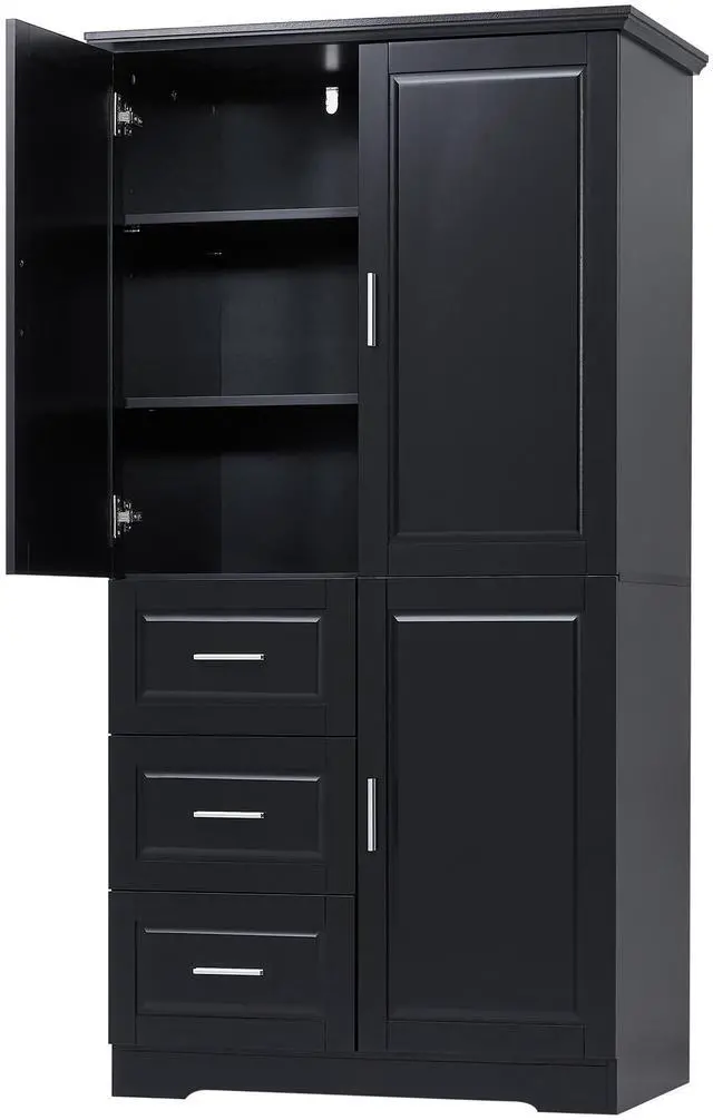 Main image of Tall and Wide Storage Cabinet with Doors for Bathroom/Office, Three Drawers, Black