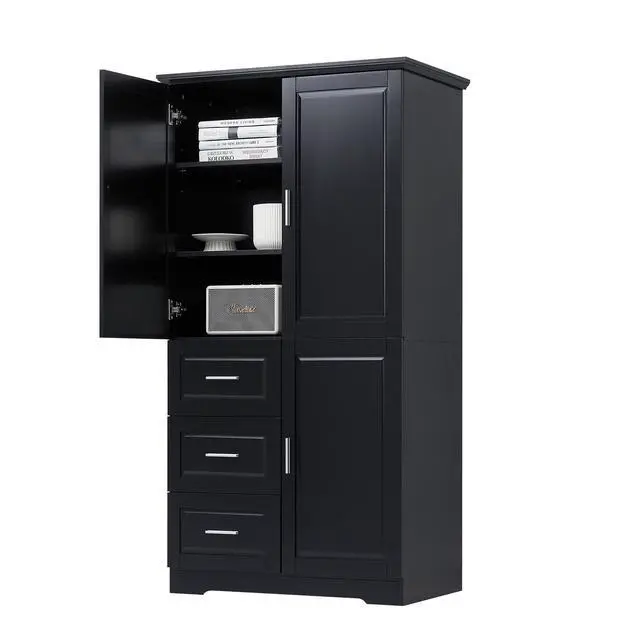 Alt view image 7 of 7 - Tall and Wide Storage Cabinet with Doors for Bathroom/Office, Three Drawers, Black