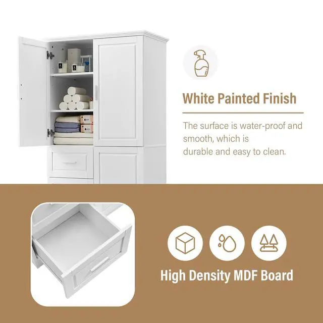 Alt view image 7 of 7 - Tall and Wide Storage Cabinet with Doors for Bathroom/Office, Three Drawers, White