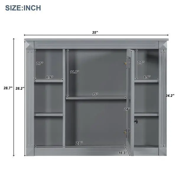 Alt view image 3 of 7 - 35'' x 28'' Wall Mounted Bathroom Storage Cabinet, Medicine Cabinet, Modern Bathroom Wall Cabinet with Mirror, Mirror Cabinet with 6 Open Shelves (Not Include Bathroom Vanity )