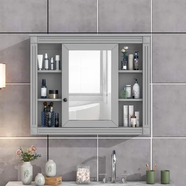 Alt view image 2 of 7 - 35'' x 28'' Wall Mounted Bathroom Storage Cabinet, Medicine Cabinet, Modern Bathroom Wall Cabinet with Mirror, Mirror Cabinet with 6 Open Shelves (Not Include Bathroom Vanity )
