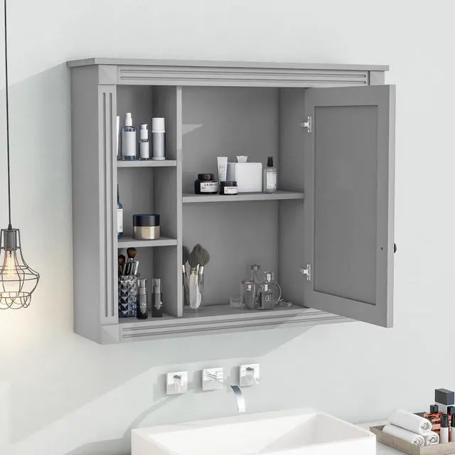 Alt view image 5 of 7 - 35'' x 28'' Wall Mounted Bathroom Storage Cabinet, Medicine Cabinet, Modern Bathroom Wall Cabinet with Mirror, Mirror Cabinet with 6 Open Shelves (Not Include Bathroom Vanity )