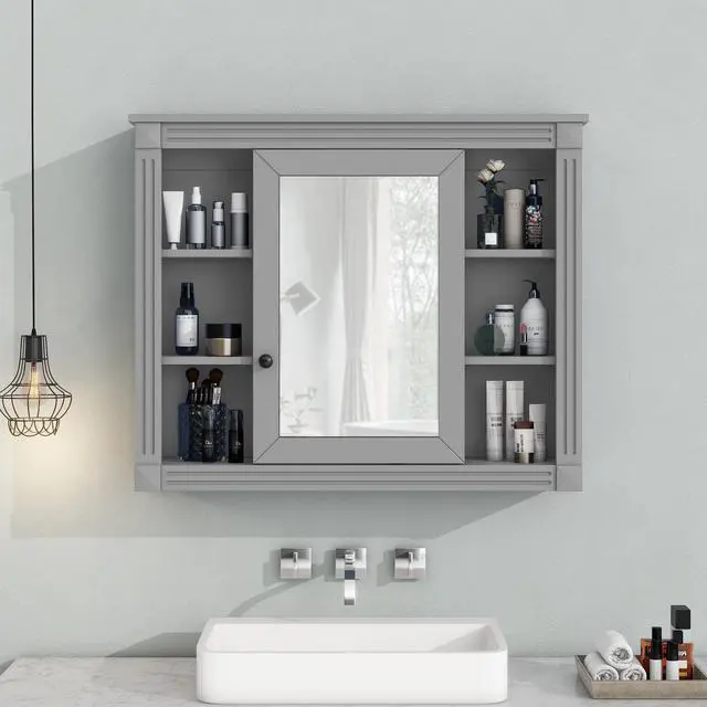 Alt view image 4 of 7 - 35'' x 28'' Wall Mounted Bathroom Storage Cabinet, Medicine Cabinet, Modern Bathroom Wall Cabinet with Mirror, Mirror Cabinet with 6 Open Shelves (Not Include Bathroom Vanity )