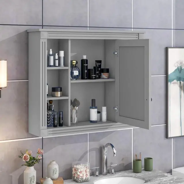 Alt view image 6 of 7 - 35'' x 28'' Wall Mounted Bathroom Storage Cabinet, Medicine Cabinet, Modern Bathroom Wall Cabinet with Mirror, Mirror Cabinet with 6 Open Shelves (Not Include Bathroom Vanity )