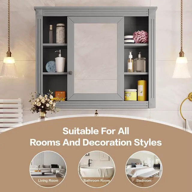 Alt view image 7 of 7 - 35'' x 28'' Wall Mounted Bathroom Storage Cabinet, Medicine Cabinet, Modern Bathroom Wall Cabinet with Mirror, Mirror Cabinet with 6 Open Shelves (Not Include Bathroom Vanity )