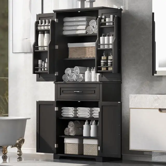 Alt view image 2 of 7 - Bathroom Storage Cabinet with Doors and Drawer, Multiple Storage Space, Adjustable Shelf, Black