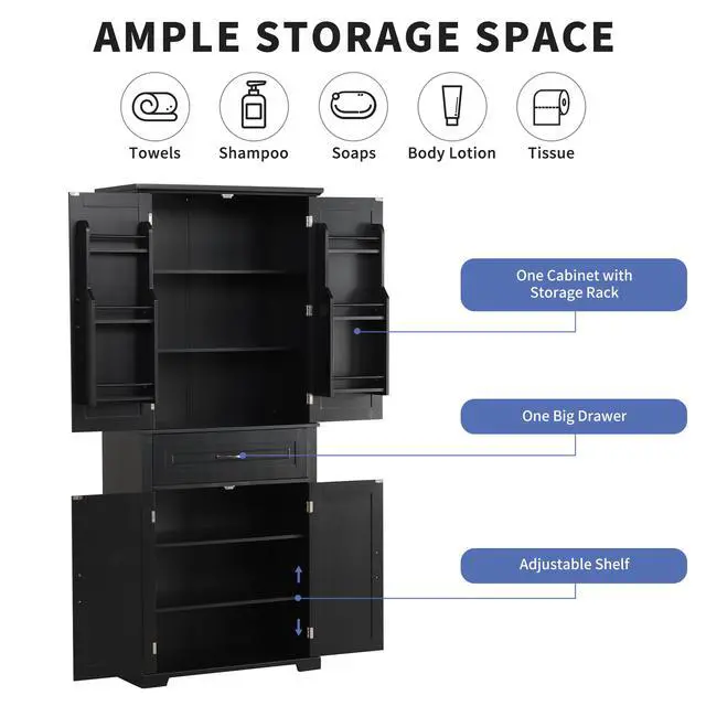 Alt view image 6 of 7 - Bathroom Storage Cabinet with Doors and Drawer, Multiple Storage Space, Adjustable Shelf, Black