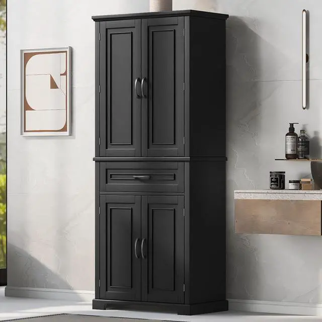 Alt view image 5 of 7 - Bathroom Storage Cabinet with Doors and Drawer, Multiple Storage Space, Adjustable Shelf, Black