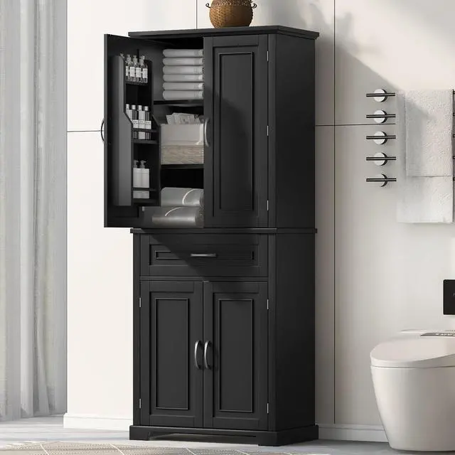 Alt view image 4 of 7 - Bathroom Storage Cabinet with Doors and Drawer, Multiple Storage Space, Adjustable Shelf, Black